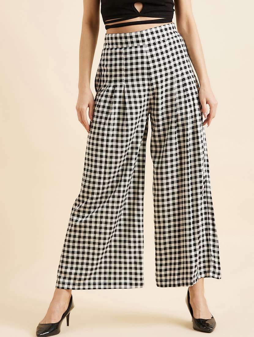 women checkered high rise wide leg trouser