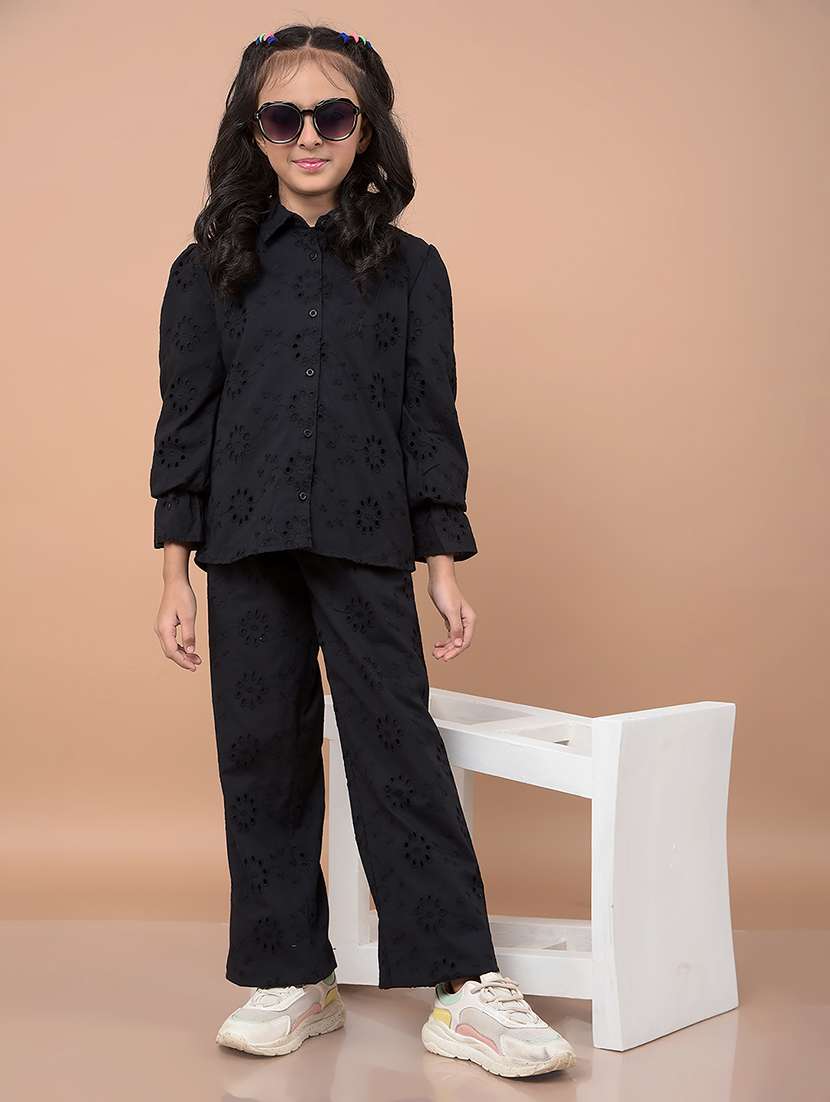 girls schiffli shirt & trouser co-ord set