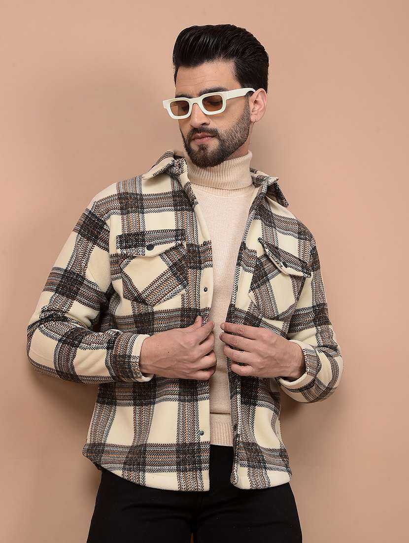 men long sleeves checkered shacket