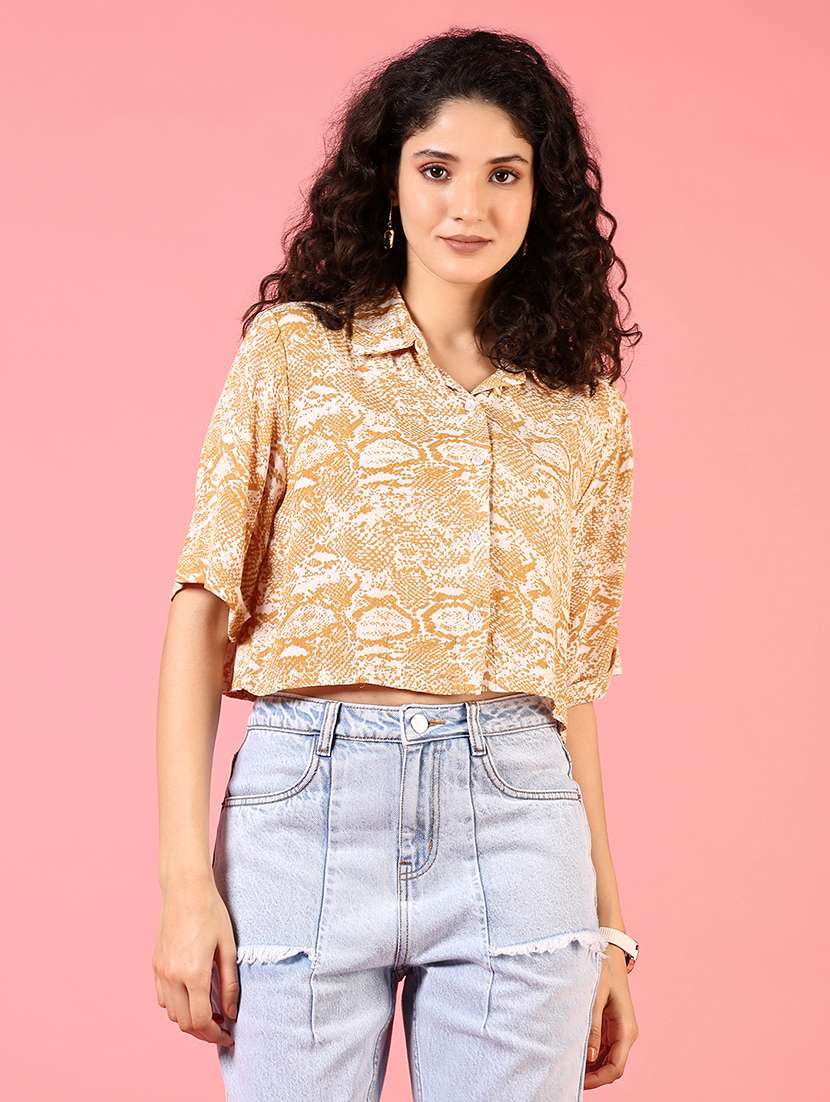 women printed collared crop shirt - 21716734 - Zoom Image - 0