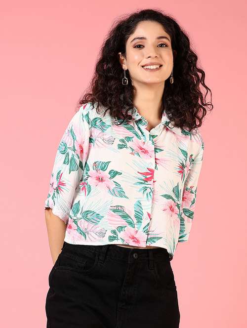 women printed short sleeves crop shirt