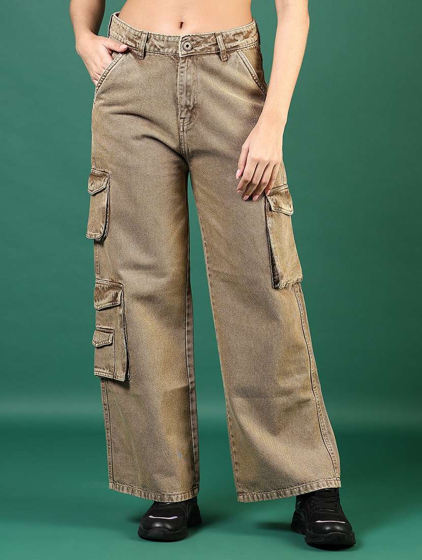 women brown solid mid rise cargo