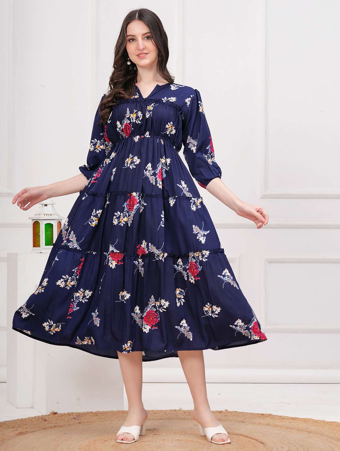 women navy blue floral printed notch neck tiered dress