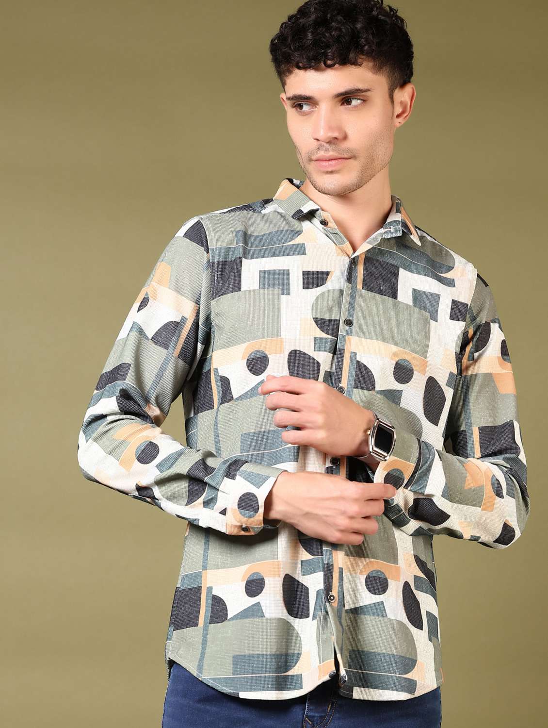 men printed long sleeve casual shirt