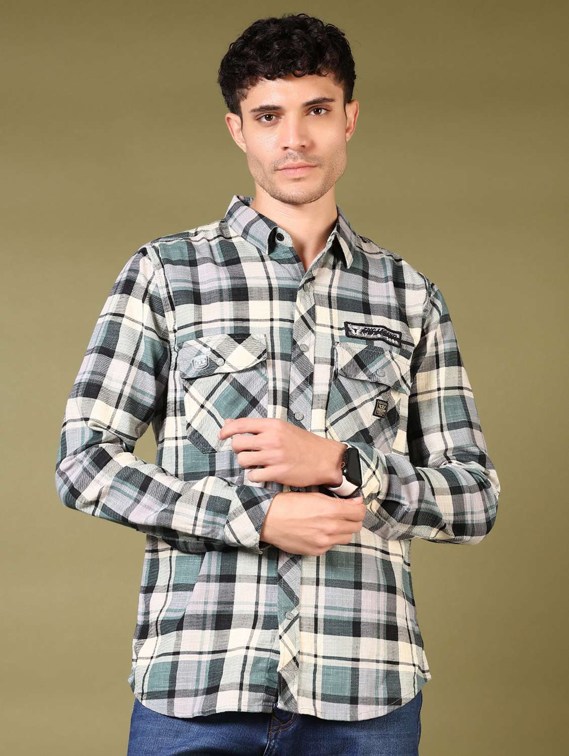 men checks long sleeve casual shirt