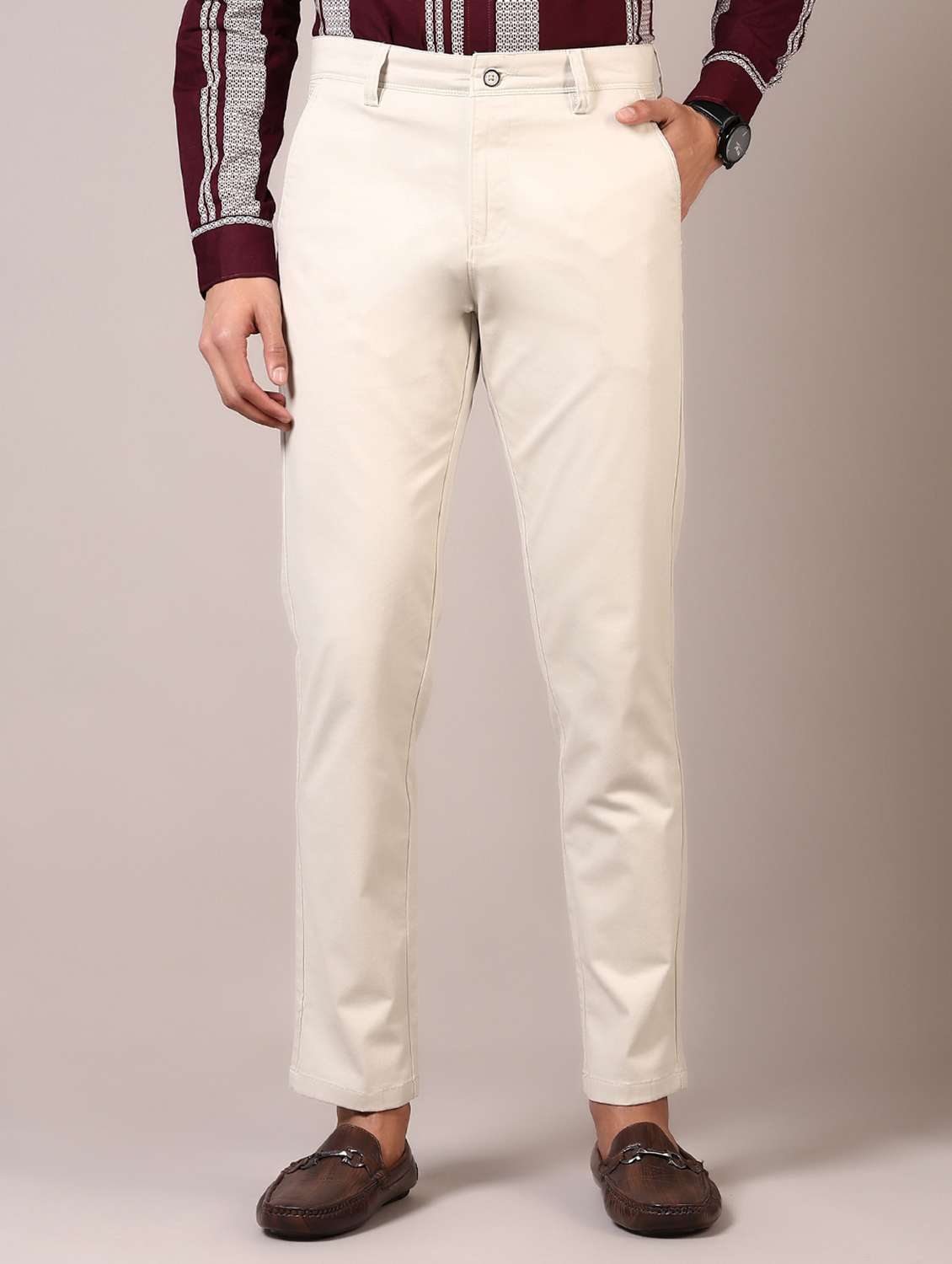 men solid flat front casual trouser