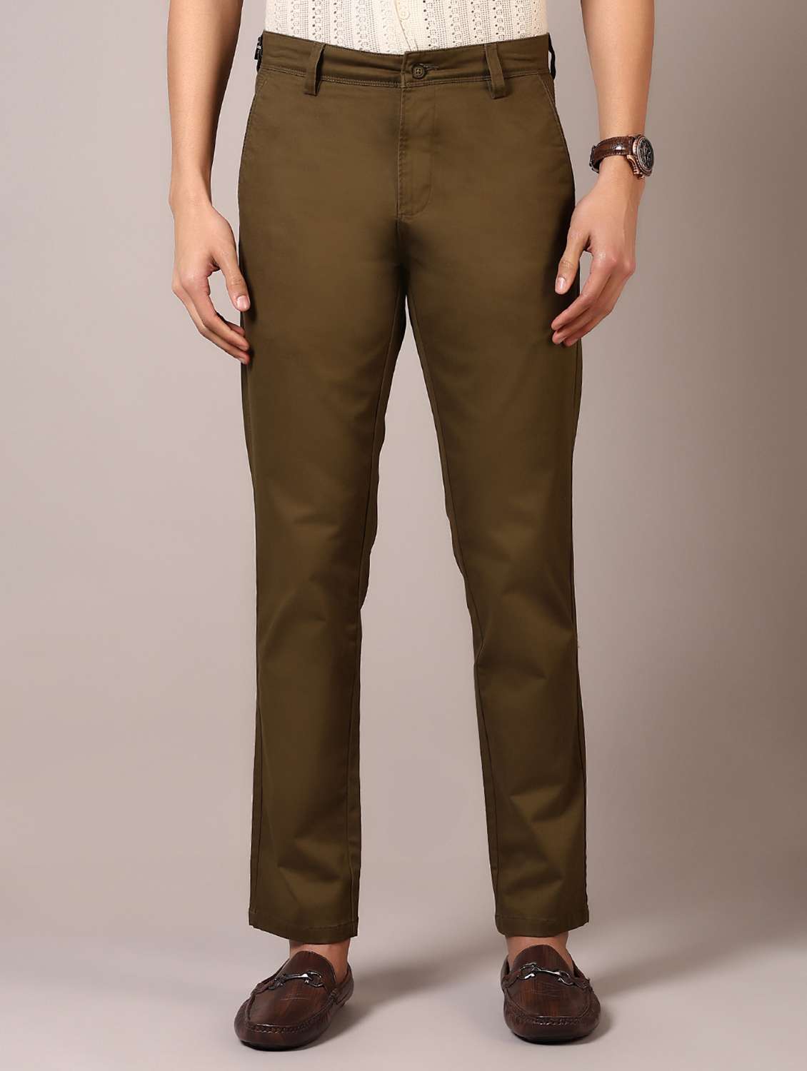 men solid flat front casual trouser