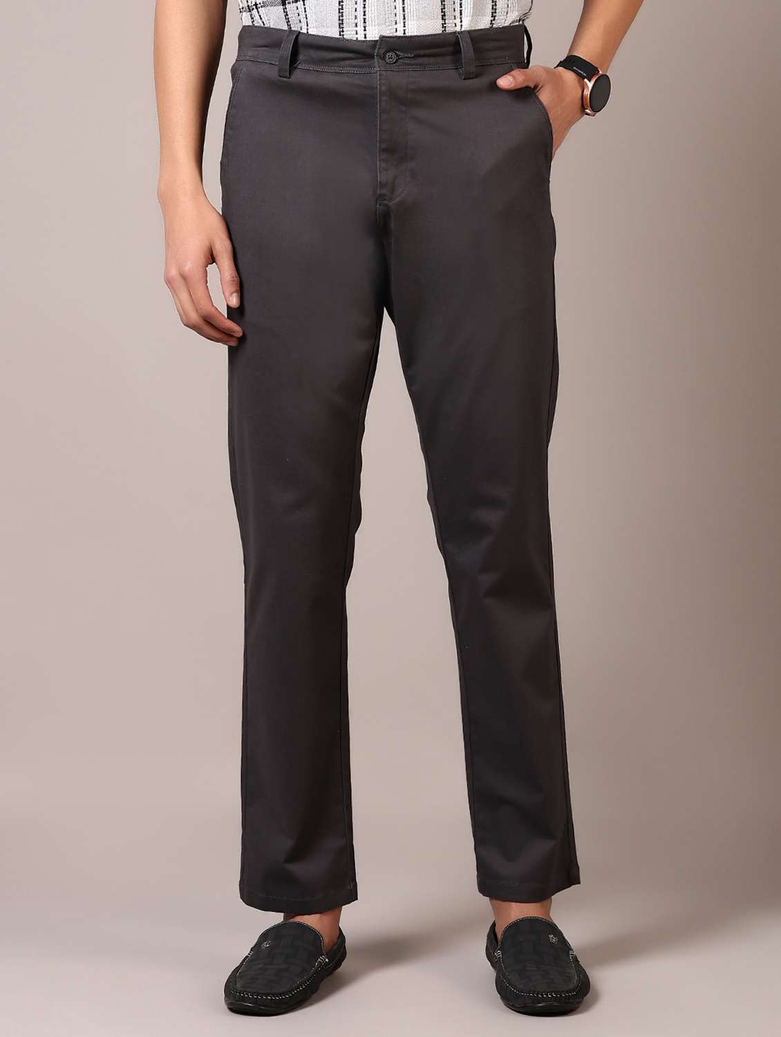 men solid flat front casual trouser