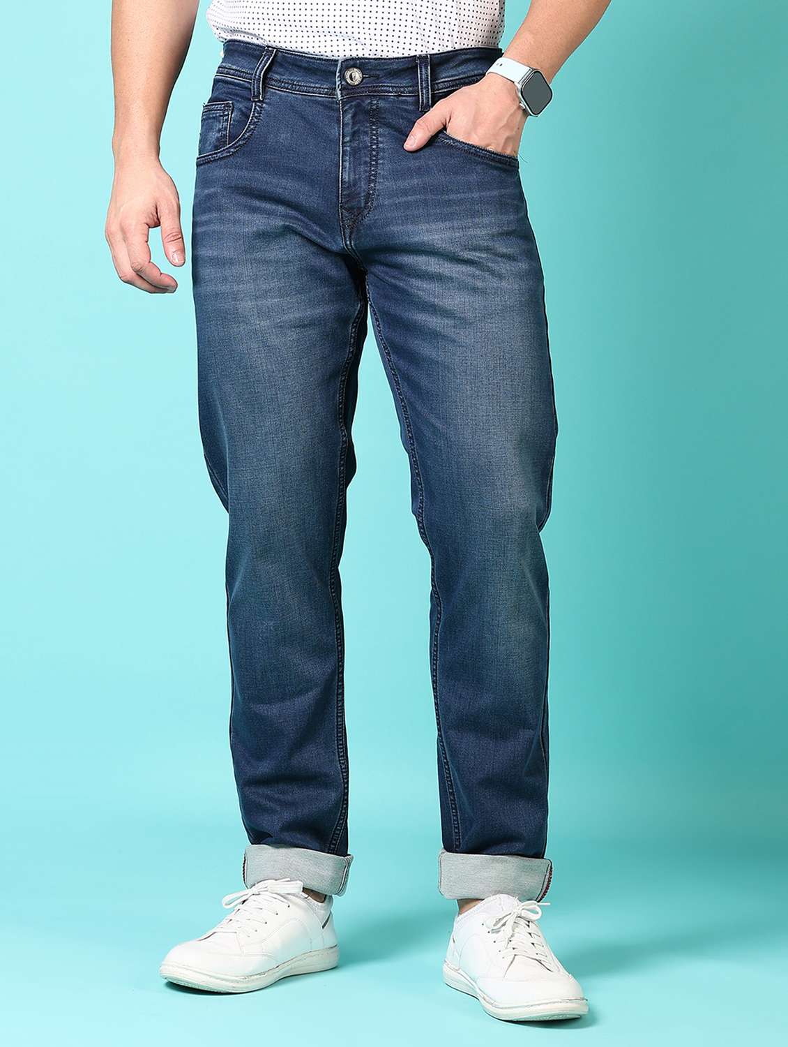 men washed mid rise jeans