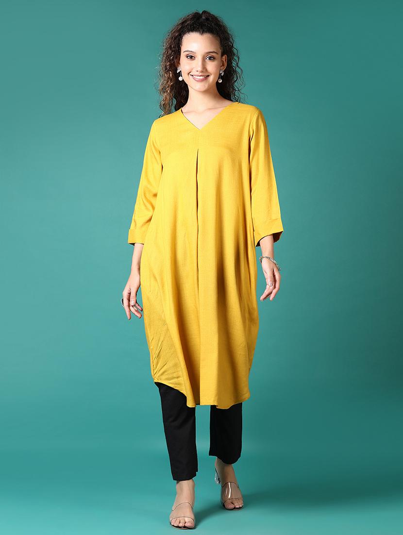 women solid three quarter sleeve a-line kurta - 21718169 - Zoom Image - 0