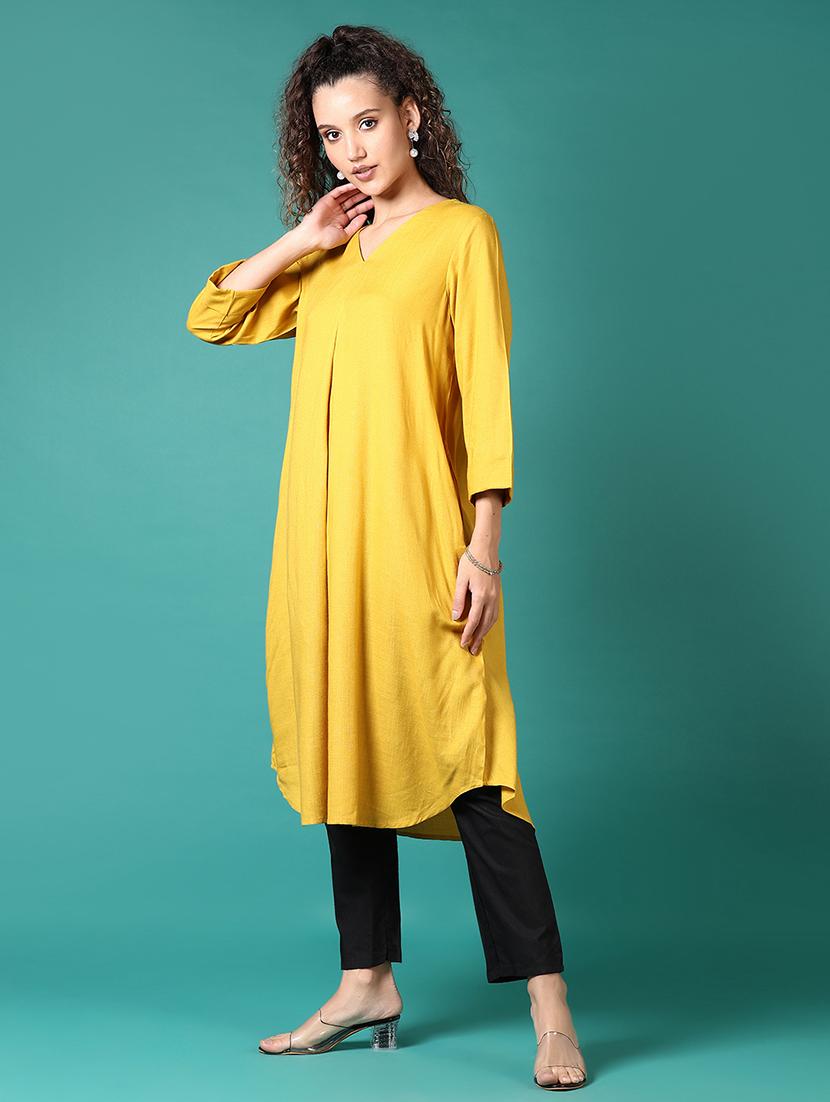 women solid three quarter sleeve a-line kurta - 21718169 - Standard Image - 2