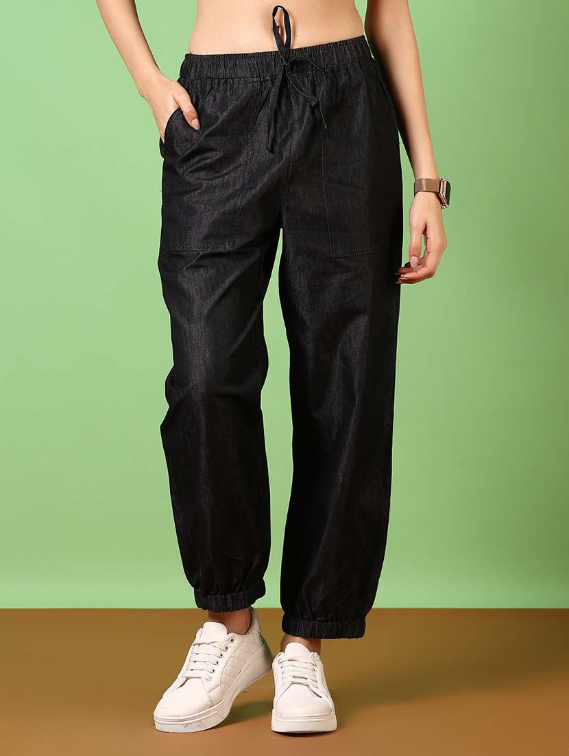 women black solid joggers