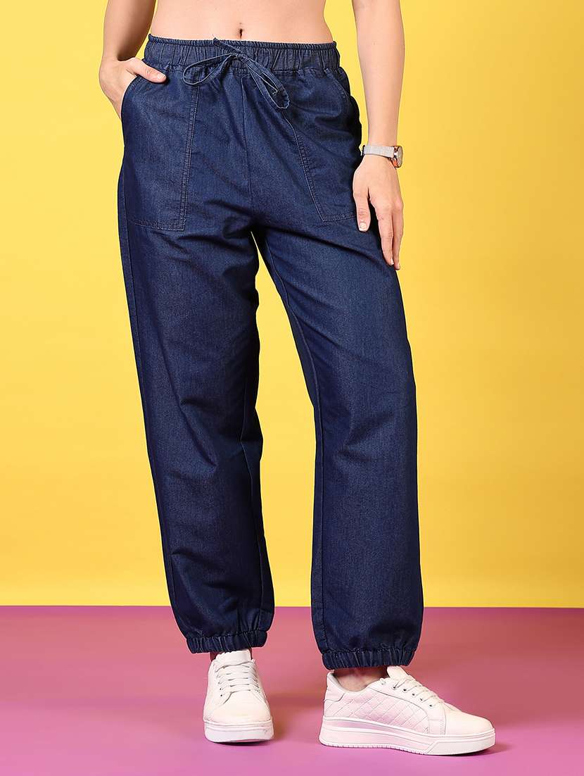 women blue solid joggers