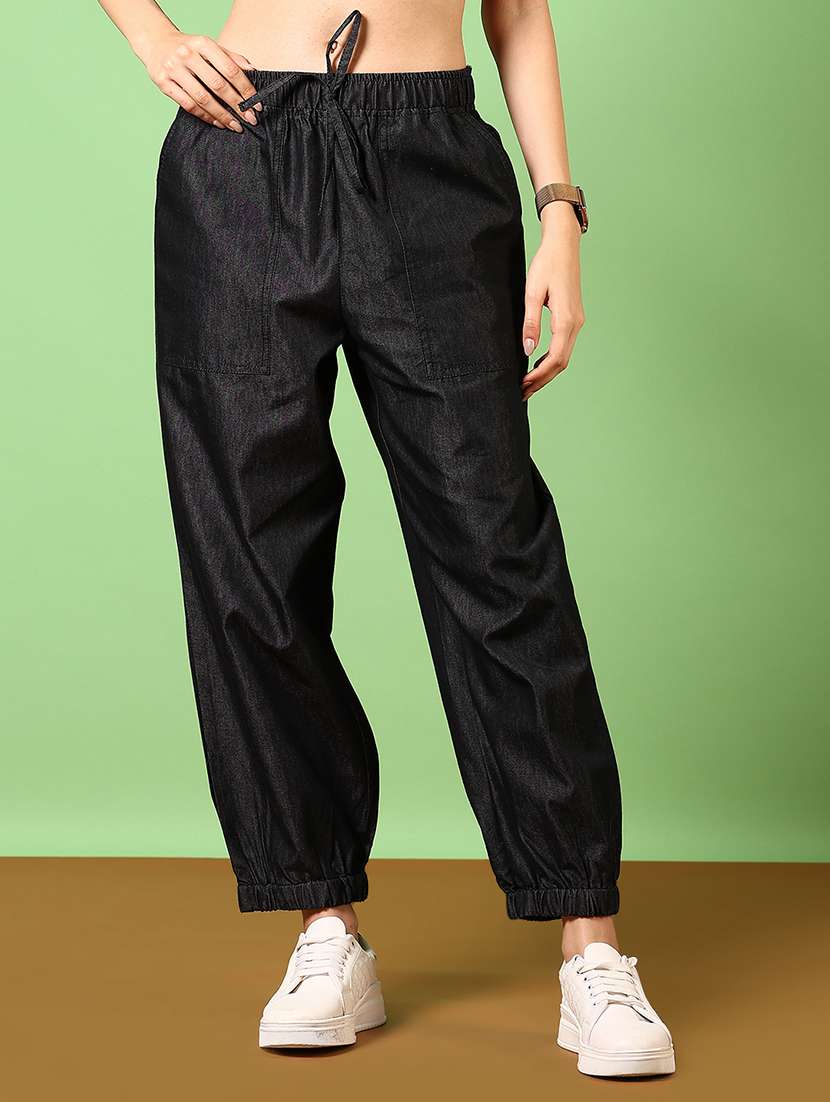 women black solid joggers