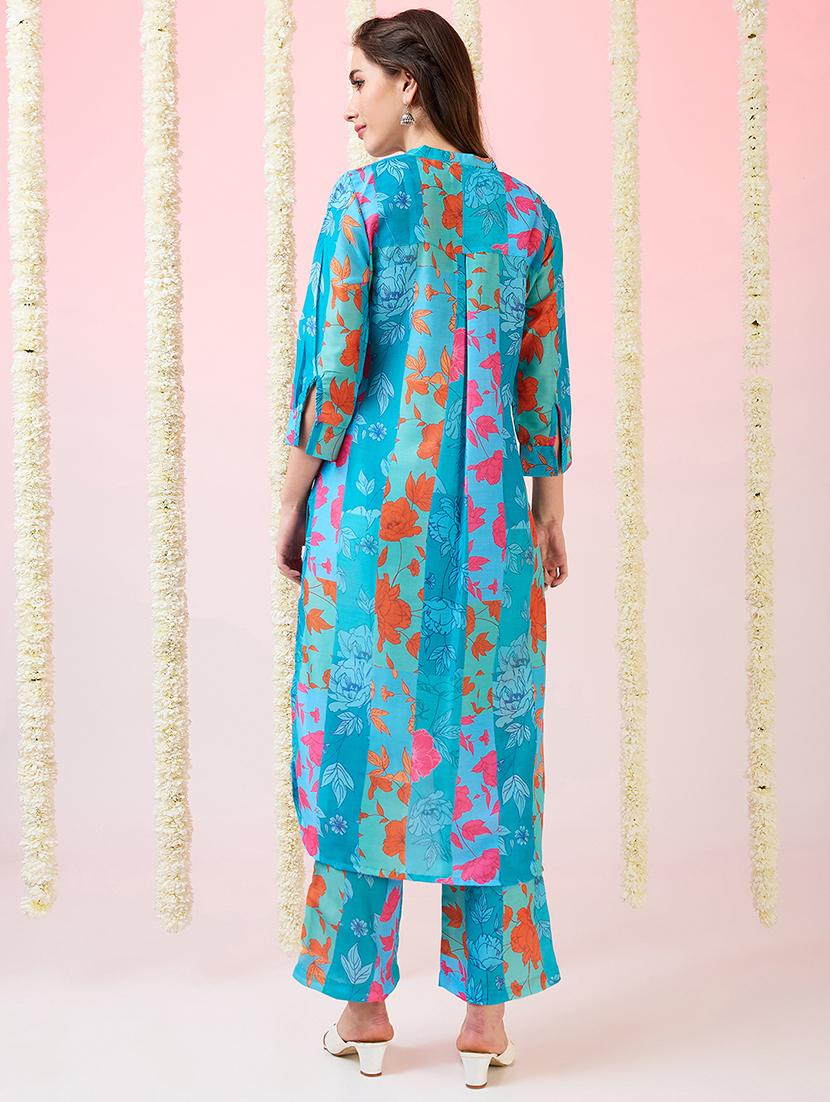 globus women blue floral print mandarin collar high-low hem straight kurta & pants fusion set - 21718297 - Standard Image - 2