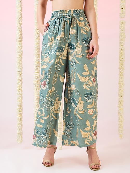 globus women green floral print mid-rise elasticated waist wide leg fusion palazzos - 21718302 -  Standard Image - 0
