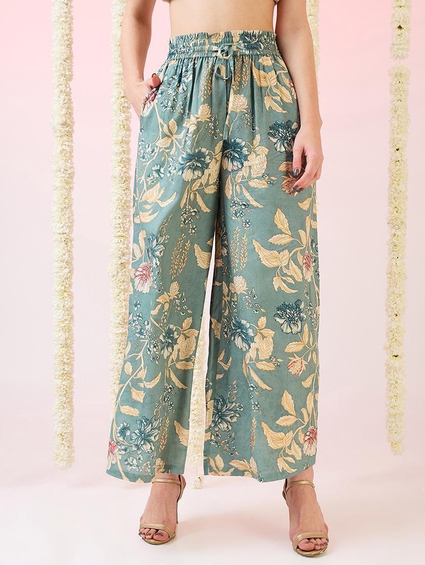 globus women green floral print mid-rise elasticated waist wide leg fusion palazzos - 21718302 -  Zoom Image - 0