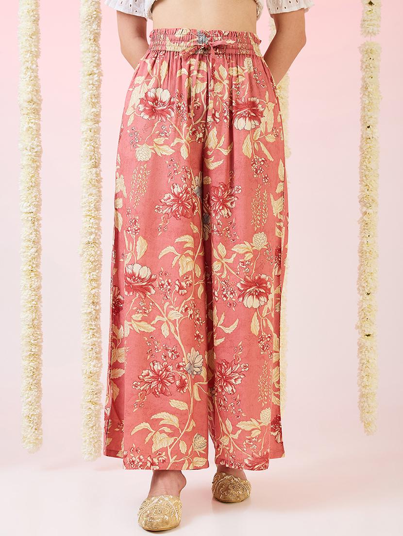 globus women pink floral print mid-rise elasticated waist wide leg fusion palazzos - 21718303 - Zoom Image - 0