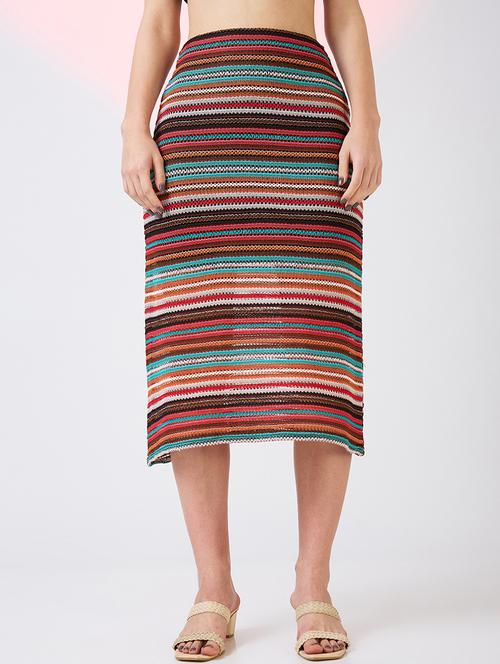 globus women multi colour stripes pattern crochet mid rise straight midi skirt - 21718305 - Standard Image - 0