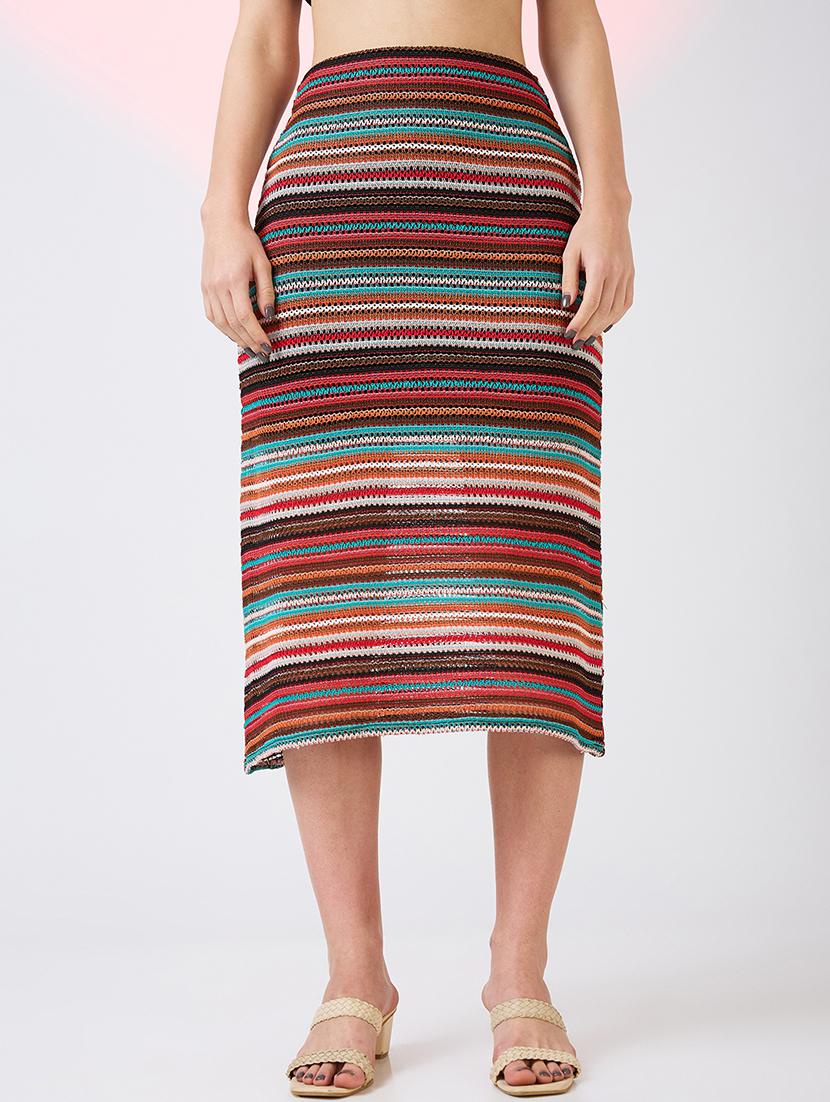 globus women multi colour stripes pattern crochet mid rise straight midi skirt - 21718305 - Zoom Image - 0