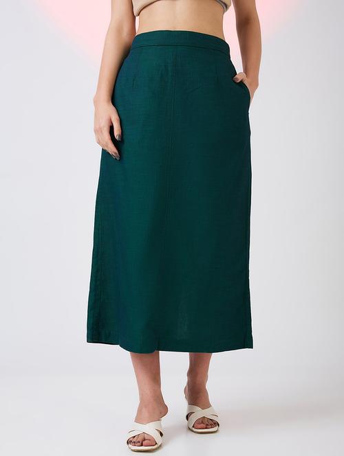 globus women dark green self design mid rise side pockets midi workwear skirt - 21718309 - Standard Image - 0