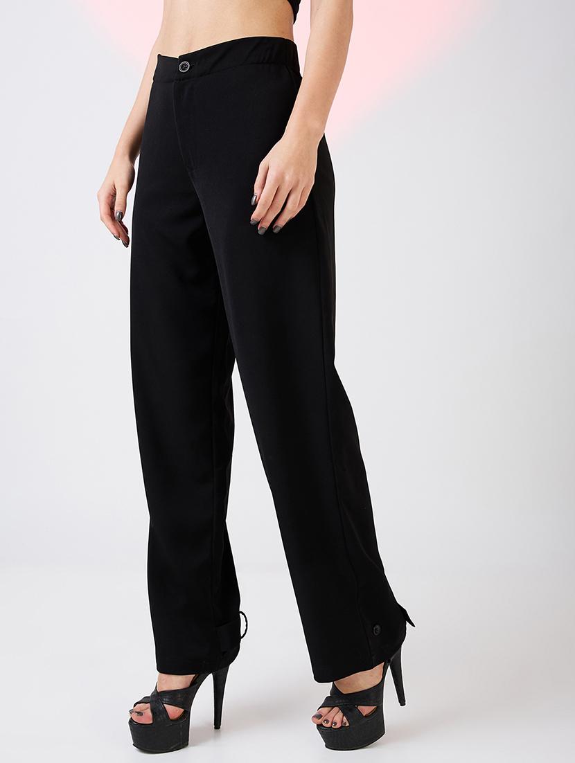 globus women black mid rise relaxed fit adjustable hem workwear korean pants - 21718314 - Standard Image - 2