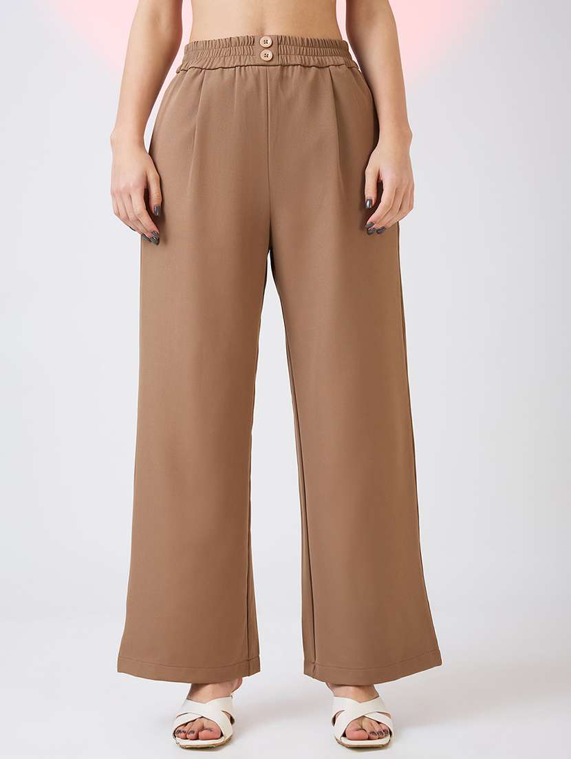 globus women khaki mid rise relaxed fit pleated workwear korean pant