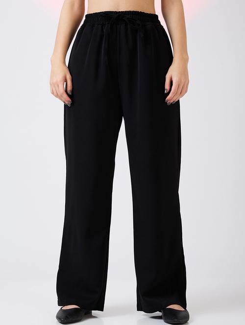 globus women black mid rise drawstring waist workwear korean pants - 21718316 -  Standard Image - 0