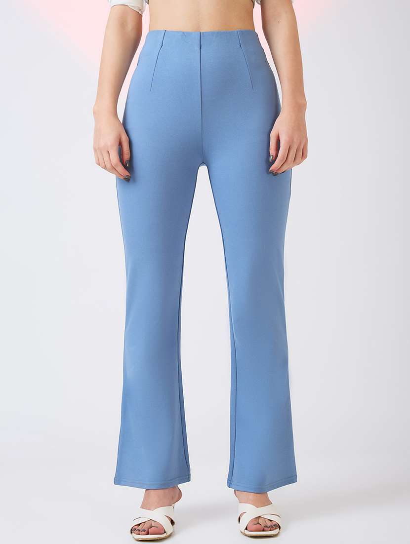 globus women denim-blue stretchable mid-rise workwear bootcut treggings