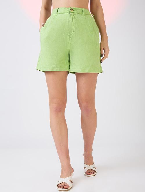 globus women green linen cotton mid-rise partially elasticated button closure mini casual shorts - 21718319 - Standard Image - 0