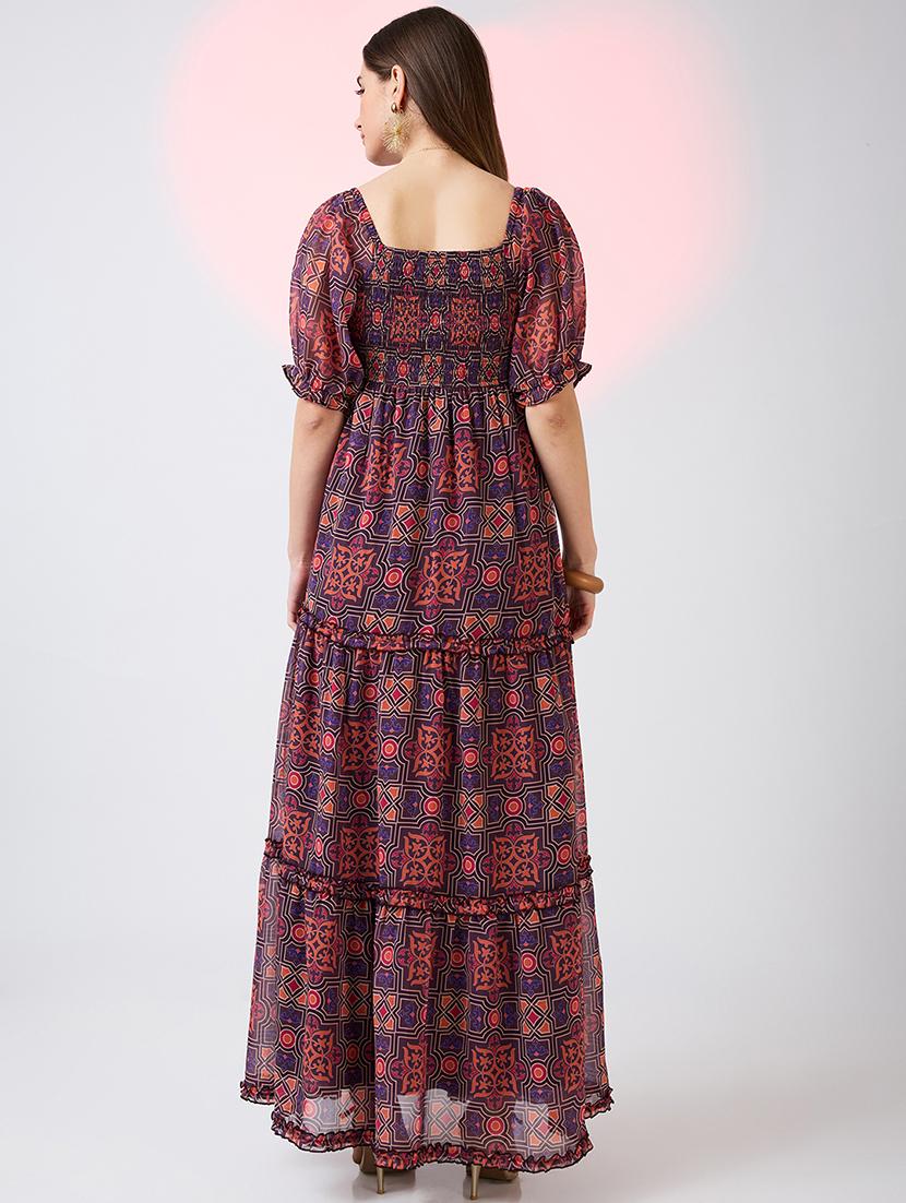 globus women multicolor square neck puff sleeves ethnic print smocked tiered fit & flare maxi dress - 21718321 - Standard Image - 2