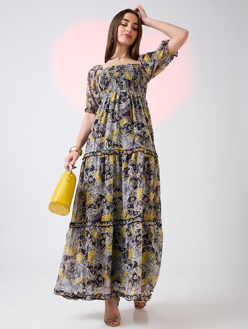 globus women yellow square neck puff sleeves ethnic print smocked tiered fit & flare maxi dress - 21718322 - Standard Image - 0