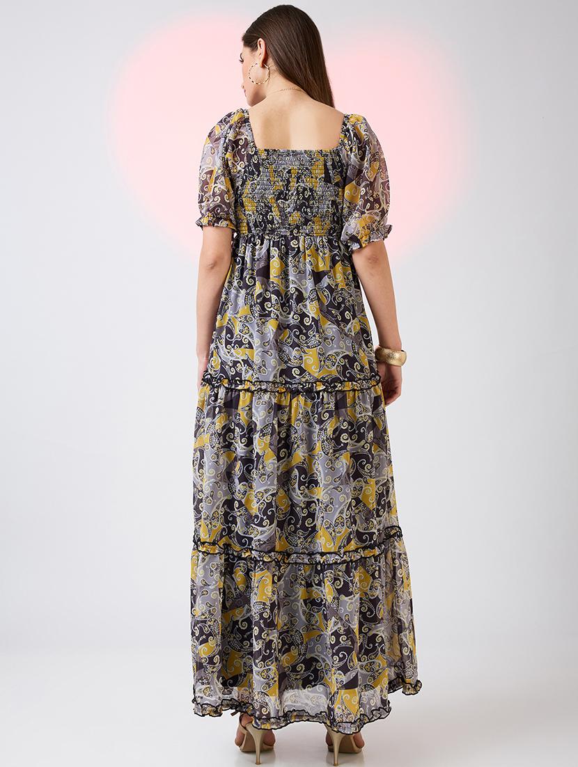 globus women yellow square neck puff sleeves ethnic print smocked tiered fit & flare maxi dress - 21718322 - Standard Image - 2
