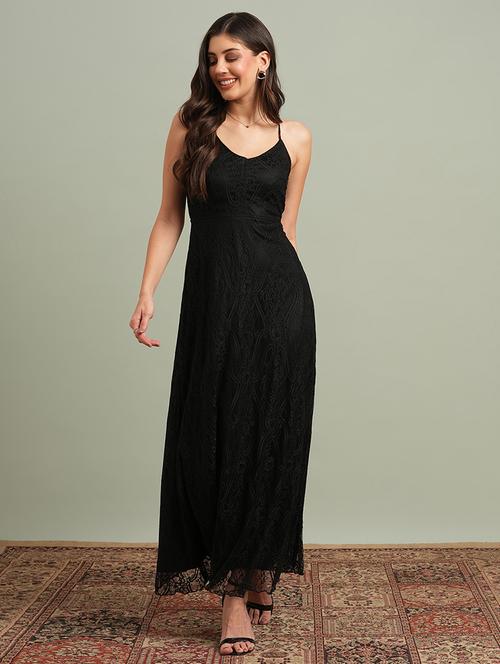 globus women black v-neck back side cross strap cut-out detail lace fit & flare maxi party dress - 21718323 - Standard Image - 0