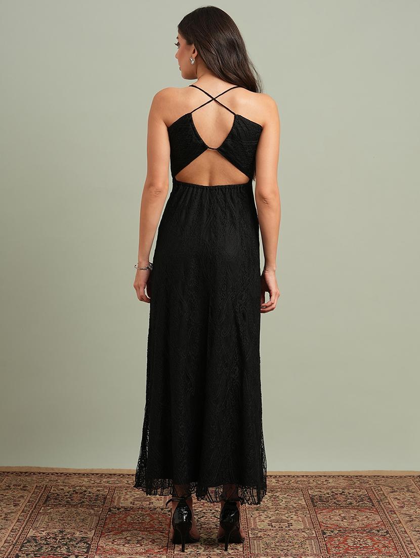 globus women black v-neck back side cross strap cut-out detail lace fit & flare maxi party dress - 21718323 - Standard Image - 2