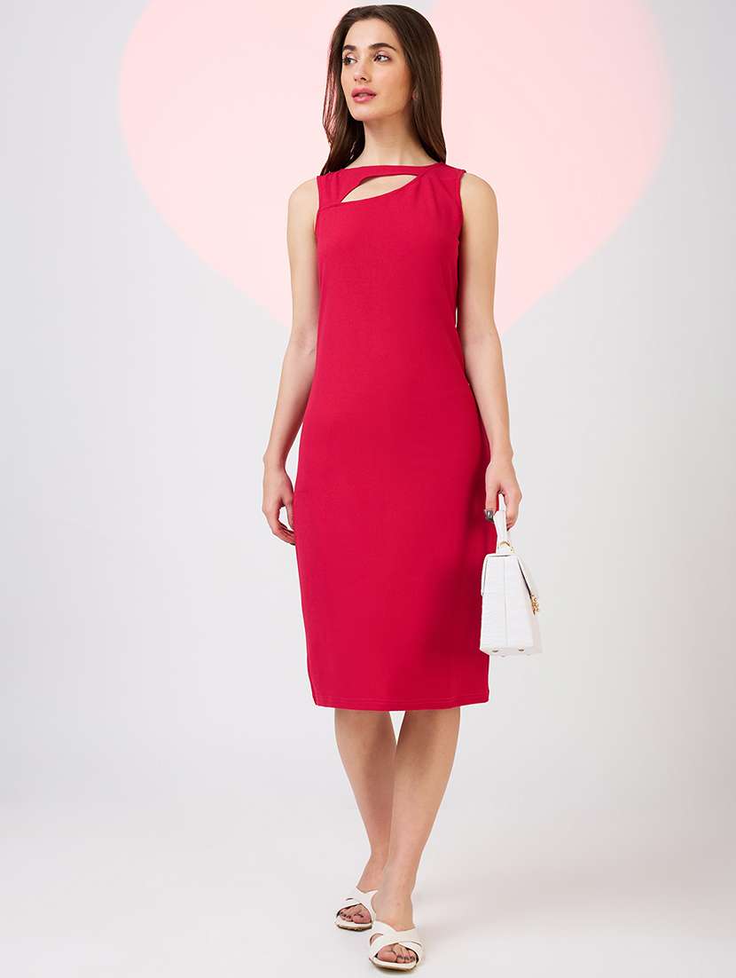 globus women pink cut out detail boat neck solid back slit midi sheath party dress - 21718325 - Zoom Image - 0