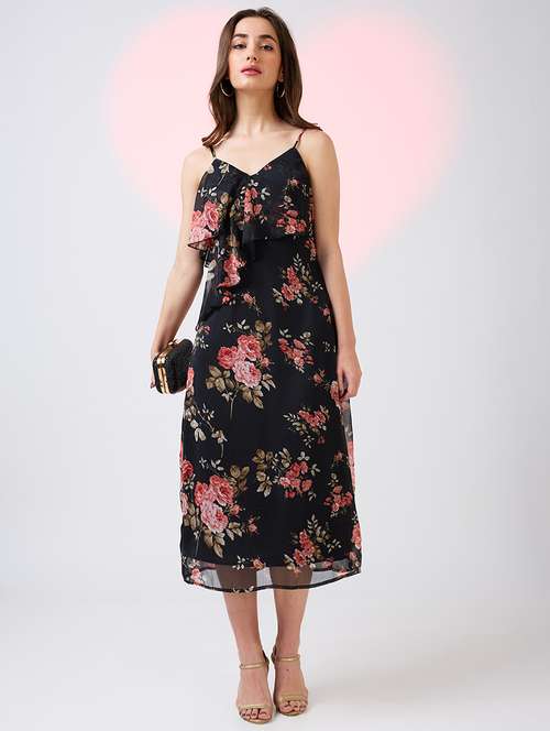 globus women black v-neck strappy shoulder floral print ruffles detail midi a-line party dress - 21718328 - Standard Image - 0