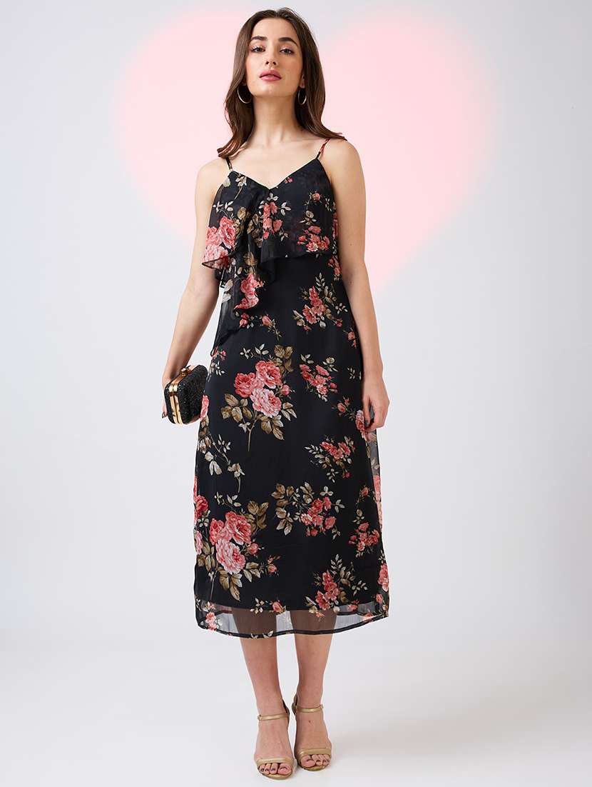 globus women black v-neck strappy shoulder floral print ruffles detail midi a-line party dress - 21718328 - Zoom Image - 0
