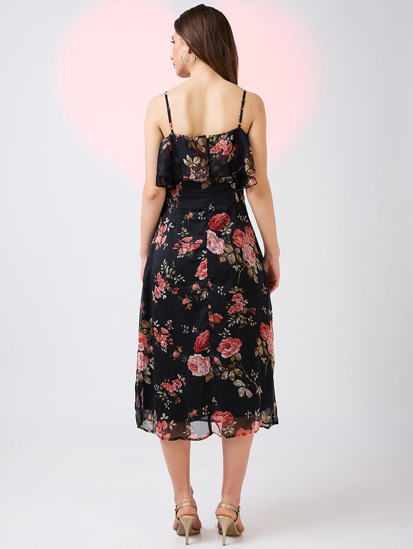 globus women black v-neck strappy shoulder floral print ruffles detail midi a-line party dress - 21718328 - Standard Image - 2