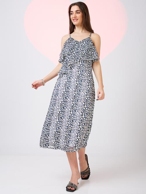 globus women white v-neck strappy shoulder animal print ruffles detail midi a-line party dress - 21718329 -  Standard Image - 0