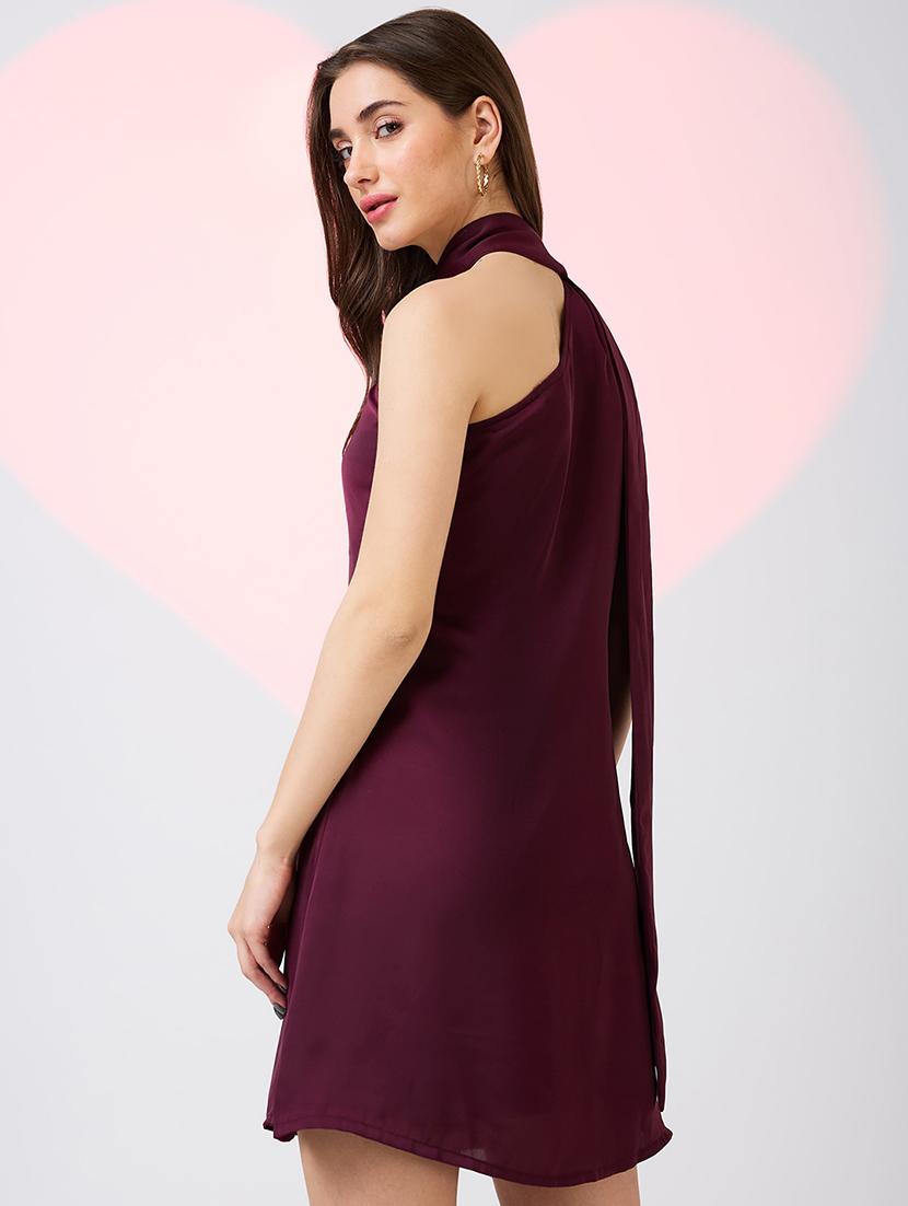 globus women burgundy scarf drape neck one shoulder solid mini a-line party dress - 21718330 - Standard Image - 2