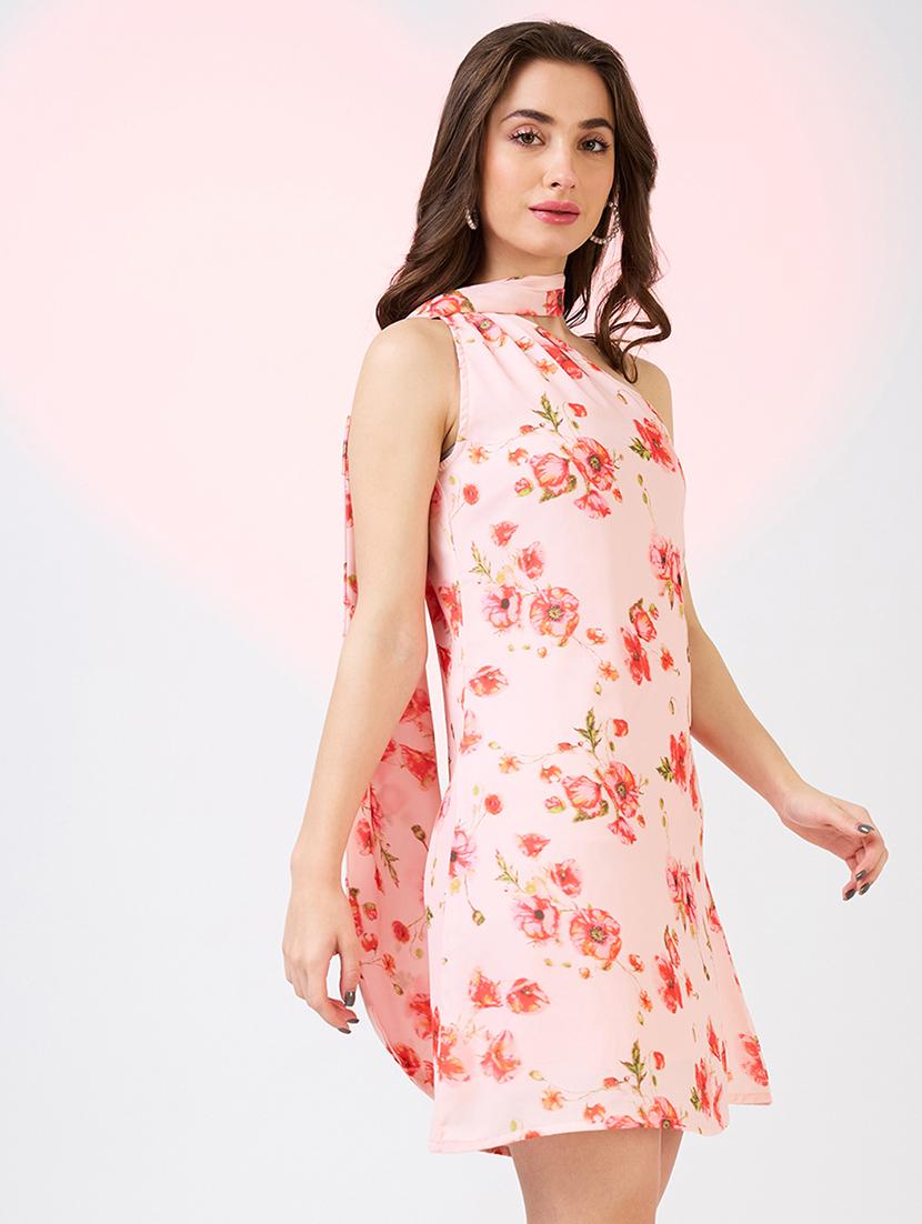 globus women pink scarf drape neck one shoulder floral print mini a-line party dress - 21718331 - Standard Image - 2