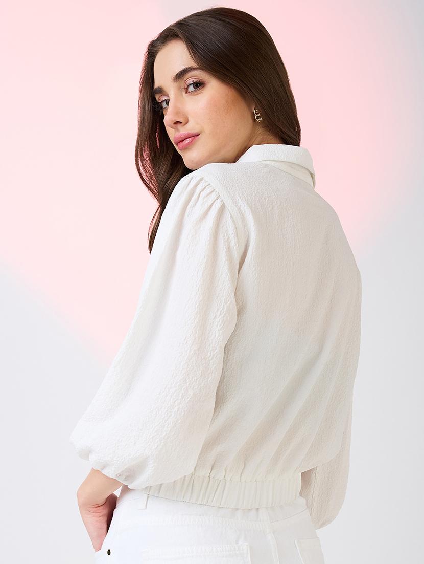 globus women white self design collared neck puffed sleeves shirt style workwear crop top with utility pockets - 21718335 - Standard Image - 2