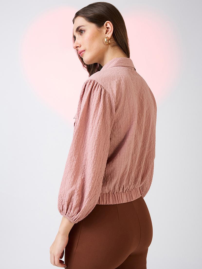 globus women pink self design collared neck puffed sleeves shirt style workwear crop top with utility pockets - 21718336 - Standard Image - 2