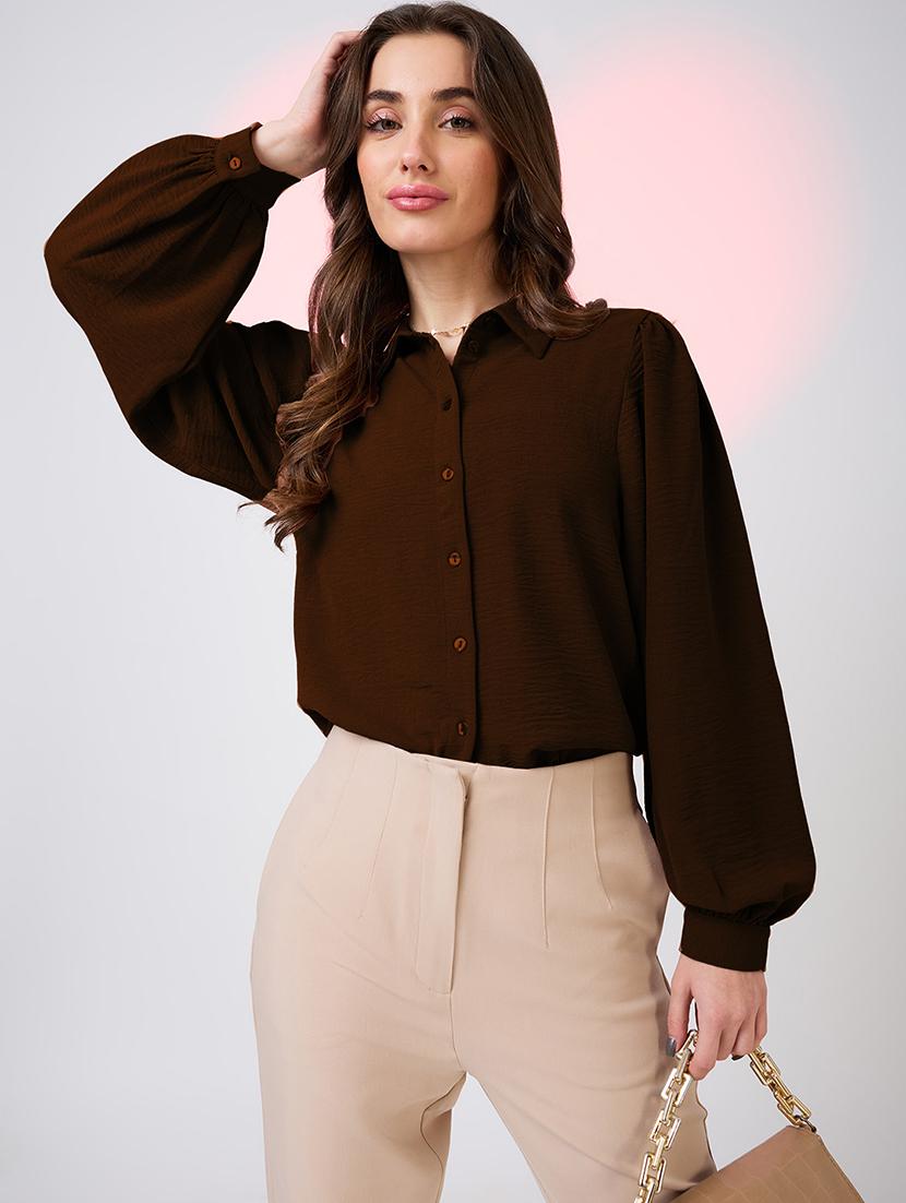 globus women brown collared neck cuffed sleeves shirt style work wear top - 21718338 - Zoom Image - 0