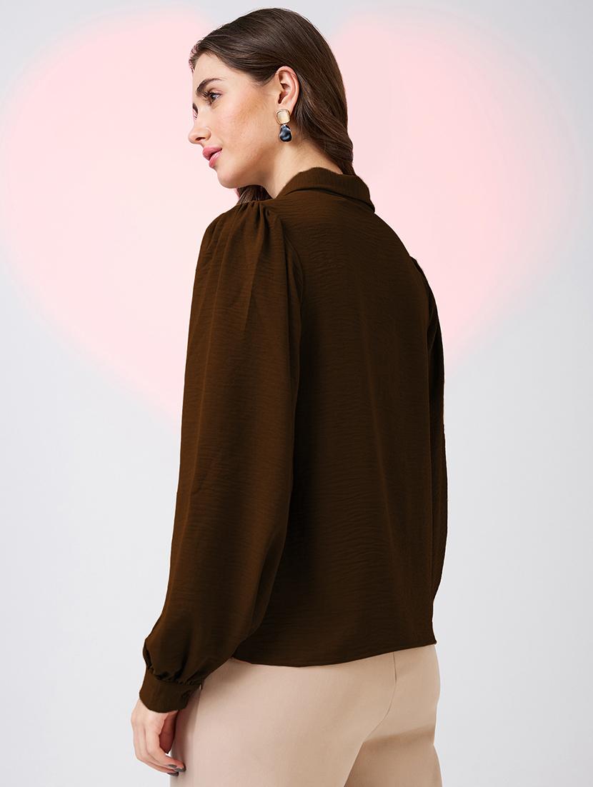 globus women brown collared neck cuffed sleeves shirt style work wear top - 21718338 - Standard Image - 2