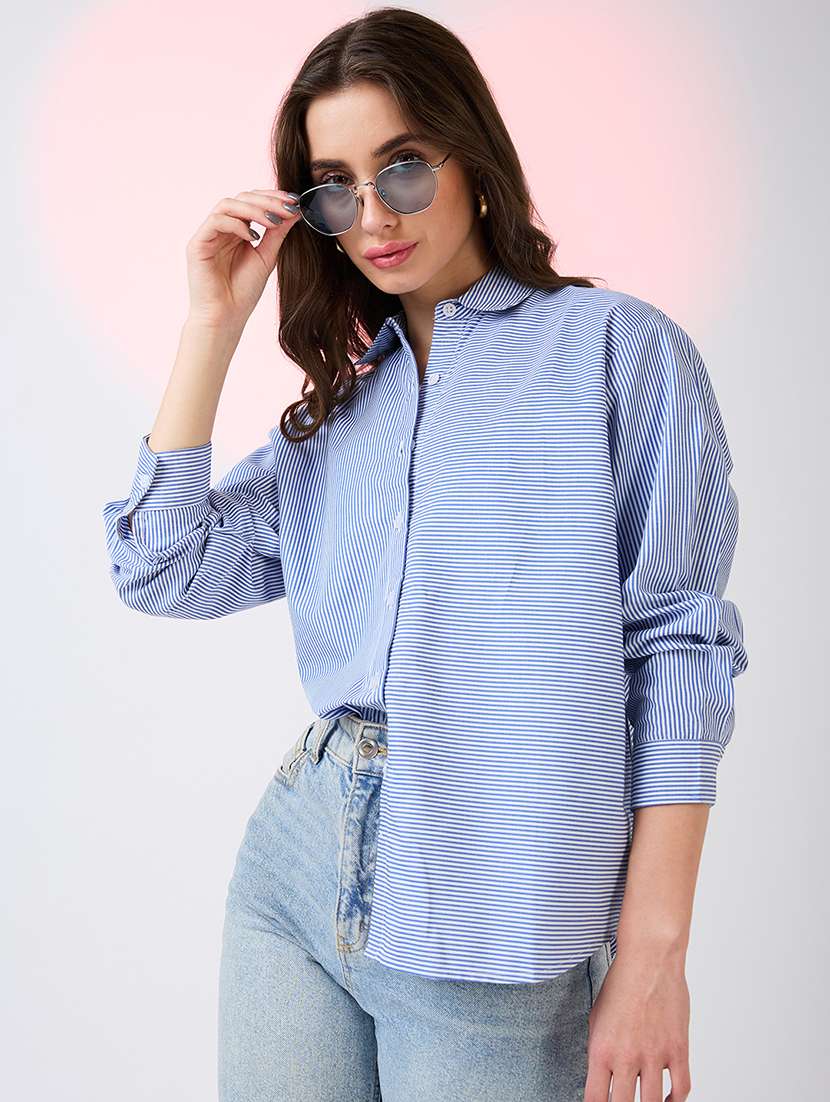 globus women blue collared neck cuffed sleeves striped pattern shirt style work wear top