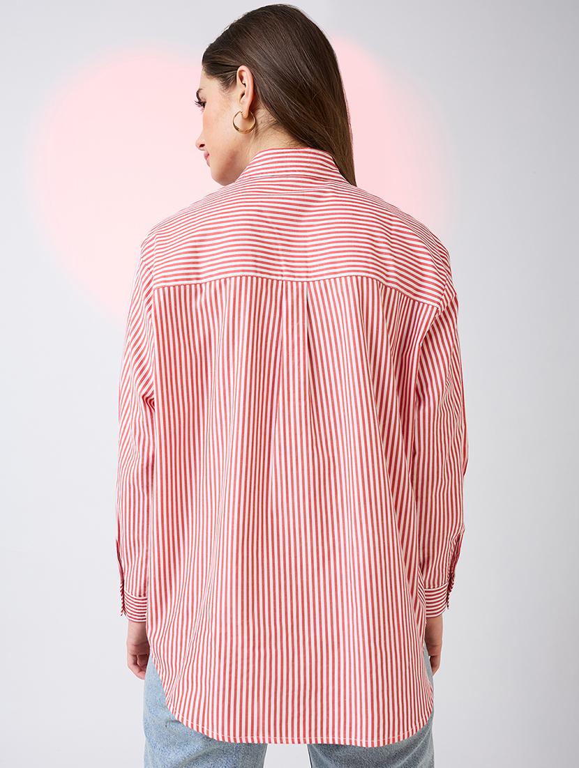 globus women red collared neck cuffed sleeves striped pattern shirt style work wear top - 21718340 - Standard Image - 2