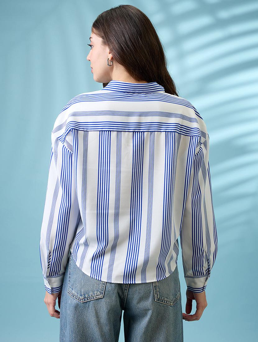 globus women white collared neck cuffed sleeves striped pattern shirt style work wear top - 21718341 - Standard Image - 2