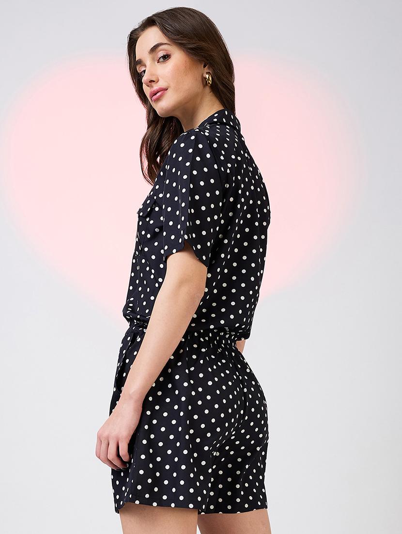 globus women black polka dots notched lapel waist tie-ups front pockets utility playsuit - 21718344 - Standard Image - 2
